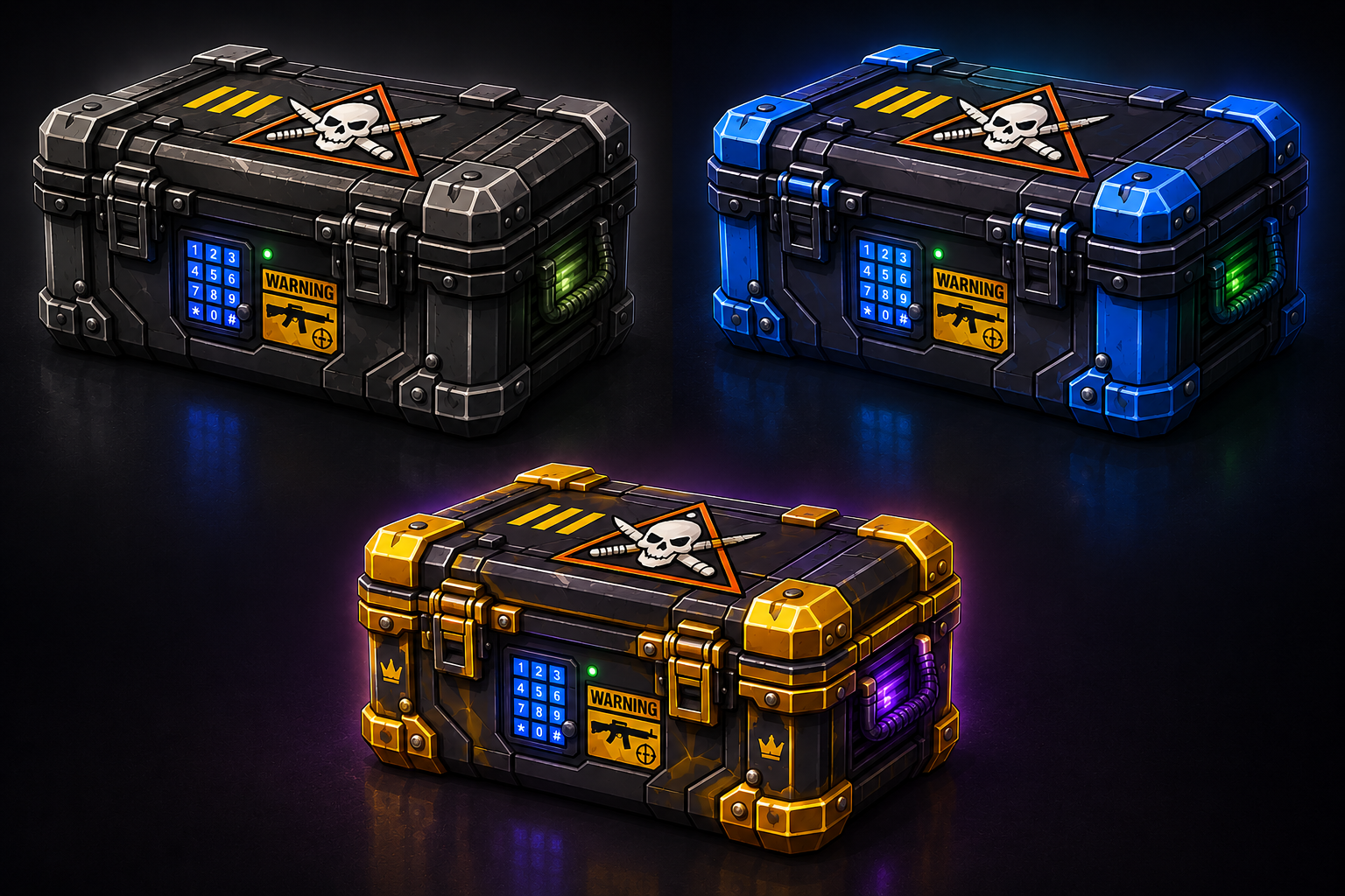Three premium weapon cases lit on a dark stage